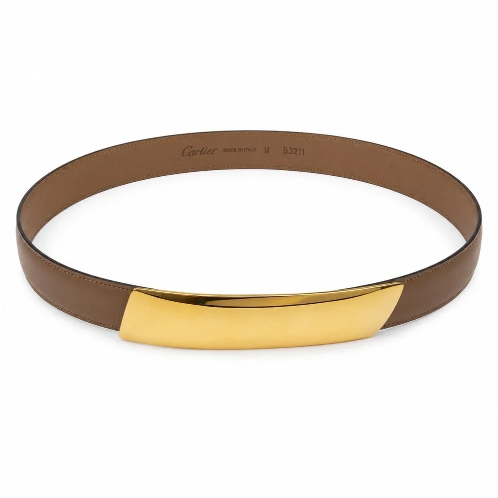 Vintage 90s Calderon Size M Leather Belt Taupe Sculptural Gold Tone Buckle 22011